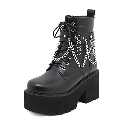 Plateau-Stiefeletten für Damen, Gothic, runde Zehenpartie, Nieten, Schnürung, Kettenreißverschluss, Kampfstiefel, Damen, Schwarze Schaukelketten, 37 EU von Aeslech