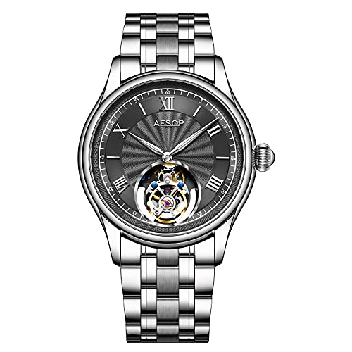 Aesop Mechanische Tourbillon-Uhren für Herren Echtes Tourbillon-Uhrwerk Mechanische Handaufzug-Armbanduhr Analoges Saphirglas wasserdichte Business-Luxusuhr 7041 (Schwarz/Edelstahl) von Aesop