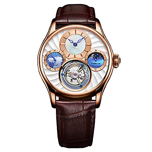 Aesop Tourbillon Herrenuhren Mechanische Armbanduhren Analog Handaufzug Mondphase GMT Dual Time Dial 50M Wasserdicht Edelstahl Klassische Casual Herrenuhr 7017(Weiß- und Roségold) von Aesop