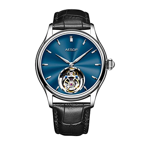 Aesop Tourbillon Herrenuhren Mechanischer Handaufzug Analoge Armbanduhren Luxus Skeleton Edelstahl Saphirglas Wasserdichtes Kleid Business Uhr für Herren Geschenk 7040(Blau/Lederband) von Aesop