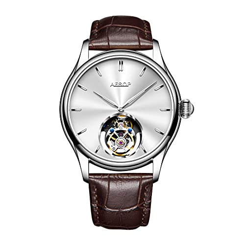 Aesop Tourbillon Herrenuhren Mechanischer Handaufzug Analoge Armbanduhren Luxus Skeleton Edelstahl Saphirglas Wasserdichtes Kleid Business Uhr für Herren Geschenk 7040(Weiß/Lederband) von Aesop