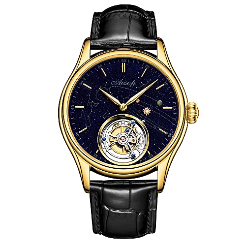 Aesop Tourbillon Uhren Herren Mechanische Uhr Skelett Analog Handaufzug Armbanduhren Saphirglas 50M Wasserdicht Klassische Luxusuhren mit Sternenhimmel-Zifferblatt 7025(Gold/Leder) von Aesop