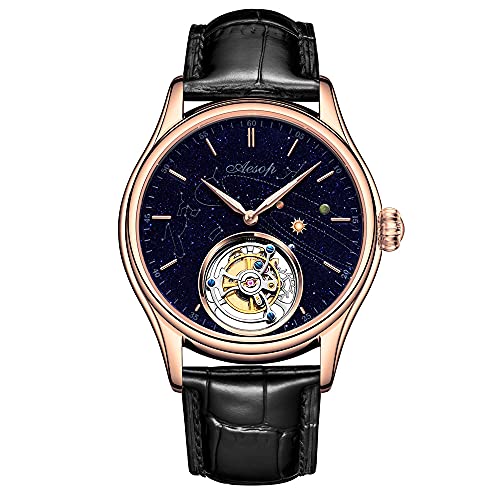 Aesop Tourbillon Uhren Herren Mechanische Uhr Skelett Analog Handaufzug Armbanduhren Saphirglas 50M Wasserdicht Klassische Luxusuhren mit Sternenhimmel-Zifferblatt 7025(Roségold/Leder) von Aesop