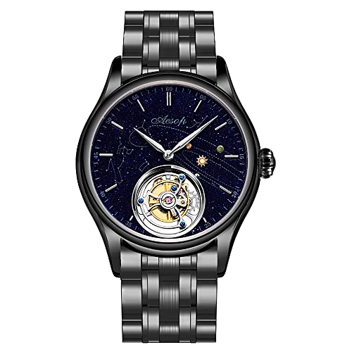 Aesop Tourbillon Uhren Herren Mechanische Uhr Skelett Analog Handaufzug Armbanduhren Saphirglas 50M Wasserdicht Klassische Luxusuhren mit Sternenhimmel-Zifferblatt 7025(Schwarz/Edelstahl) von Aesop