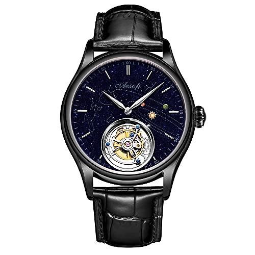Aesop Tourbillon Uhren Herren Mechanische Uhr Skelett Analog Handaufzug Armbanduhren Saphirglas 50M Wasserdicht Klassische Luxusuhren mit Sternenhimmel-Zifferblatt 7025(Schwarz/Leder) von Aesop