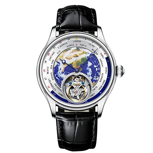 Aesop Tourbillon Uhren Mechanische Uhren für Herren 3D Erde Emaille Zifferblatt Handaufzug Analog Armbanduhren Saphir Wasserdicht Leuchtend Kleid Business Uhr mit Lederband 7051(Silber) von Aesop