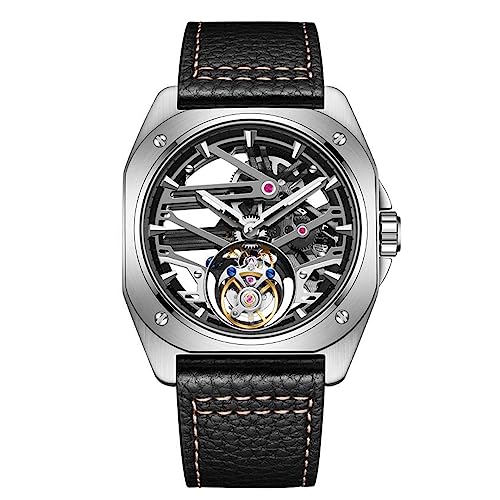 Aesop Mechanische Tourbillon Herrenuhr Skelett Handaufzug Herren Armbanduhren Leuchtender Saphir Wasserdicht Luxuskleid Businessuhr für Herren 7067(Silber-Schwarz) von Aesop