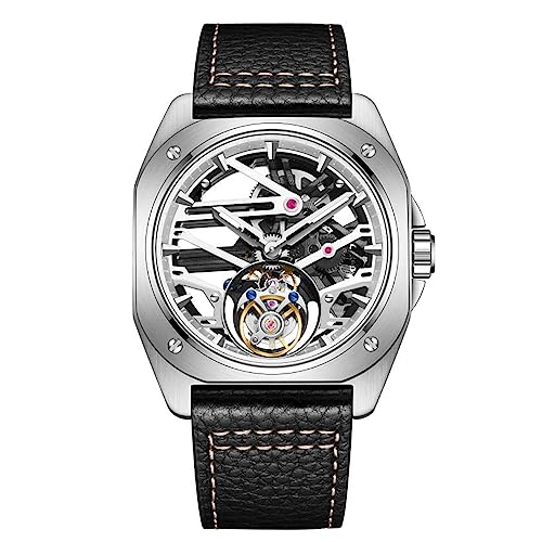 Aesop Mechanische Tourbillon Herrenuhr Skelett Handaufzug Herren Armbanduhren Leuchtender Saphir Wasserdicht Luxuskleid Businessuhr für Herren 7067(Silber-Silber) von Aesop