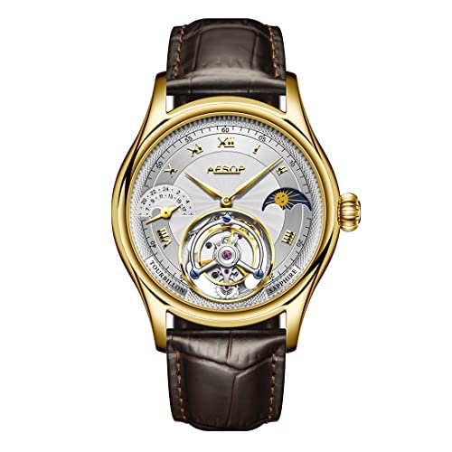 Aesop Mondphase GMT Tourbillon Herrenuhren Mechanisches Tourbillon Handaufzug Herrenarmbanduhren Saphir Wasserdicht Luxus Business Uhr für Herren 7027(Gold mit Weiß) von Aesop