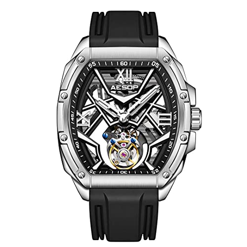 Aesop Tonneau Tourbillon Herrenuhren Skelett Leuchtendes Handaufzug Analog Herrenarmbanduhren Saphirglas Wasserdicht Luxus Business Uhr für Herren 7059(Weiß) von Aesop