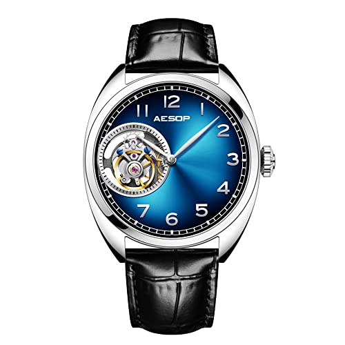 Aesop Tourbillon Herren-Armbanduhr, Skelett, mechanisch, Handaufzug, analog, Edelstahl, Saphirkristall, Spiegel, wasserdicht, Business-Luxus-Uhr mit Lederband 7056, Blue von Aesop