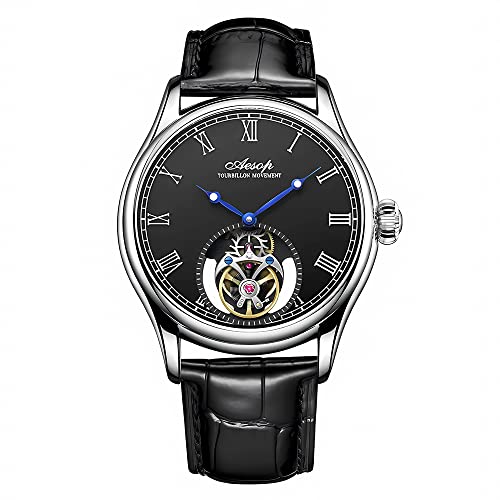 Aesop Tourbillon Herrenuhren Echtes Tourbillon Uhrwerk Mechanischer Handaufzug Armbanduhren Saphirglas Wasserdicht Business Luxus Klassische Uhr 7061(Silber-Schwarz-Leder) von Aesop