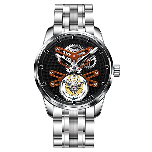 Aesop Tourbillon Herrenuhren Luxus mechanische Hand Wind Männer Armbanduhren Analog Edelstahl Saphirglas wasserdicht Business Casual Herrenuhr 7029(Orange mit Edelstahlband) von Aesop