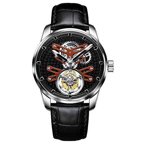 Aesop Tourbillon Herrenuhren Luxus mechanische Hand Wind Männer Armbanduhren Analog Edelstahl Saphirglas wasserdicht Business Casual Herrenuhr 7029(Orange mit Lederband) von Aesop