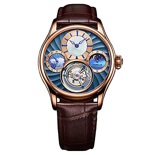 Aesop Tourbillon Herrenuhren Mechanische Armbanduhren Analog Handaufzug Mondphase GMT Dual Time Dial 50M Wasserdicht Edelstahl Klassische Casual Herrenuhr 7017(Blau und Roségold) von Aesop
