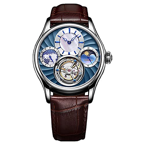 Aesop Tourbillon Herrenuhren Mechanische Armbanduhren Analog Handaufzug Mondphase GMT Dual Time Dial 50M Wasserdicht Edelstahl Klassische Casual Herrenuhr 7017(Blau und rot) von Aesop