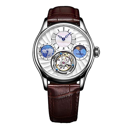 Aesop Tourbillon Herrenuhren Mechanische Armbanduhren Analog Handaufzug Mondphase GMT Dual Time Dial 50M Wasserdicht Edelstahl Klassische Casual Herrenuhr 7017(Weiß und Rot) von Aesop