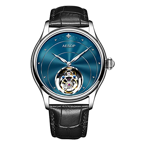 Aesop Tourbillon Herrenuhren Mechanische Handaufzug Armbanduhren Skelett Edelstahl Analog Saphirglas 30M Wasserdicht Klassisches Kleid Luxus Elegant Business Uhr 7048(Blau/Leder) von Aesop