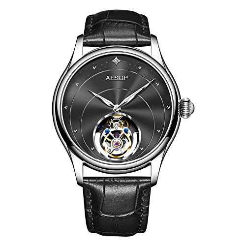 Aesop Tourbillon Herrenuhren Mechanische Handaufzug Armbanduhren Skelett Edelstahl Analog Saphirglas 30M Wasserdicht Klassisches Kleid Luxus Elegant Business Uhr 7048(Schwarz/Leder) von Aesop