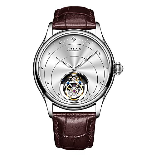 Aesop Tourbillon Herrenuhren Mechanische Handaufzug Armbanduhren Skelett Edelstahl Analog Saphirglas 30M Wasserdicht Klassisches Kleid Luxus Elegant Business Uhr 7048(Weiß/Leder) von Aesop