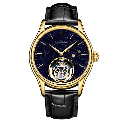 Aesop Tourbillon Uhren Mechanische Herrenuhren Skeleton Tourbillon Uhrwerk Handaufzug Analoge Armbanduhren Blauer Sandstein Sternenhimmel Zifferblatt Saphir Business Luxusuhr 7049(Gold) von Aesop