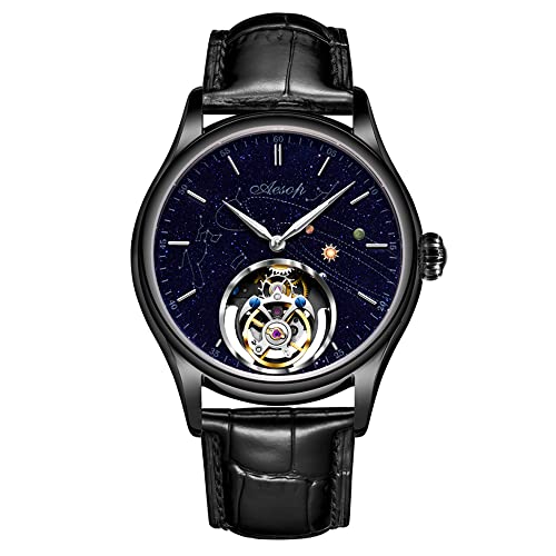 Aesop Tourbillon Uhren Mechanische Herrenuhren Skeleton Tourbillon Uhrwerk Handaufzug Analoge Armbanduhren Blauer Sandstein Sternenhimmel Zifferblatt Saphir Business Luxusuhr 7049(Schwarz) von Aesop