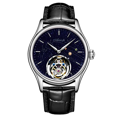 Aesop Tourbillon Uhren Mechanische Herrenuhren Skeleton Tourbillon Uhrwerk Handaufzug Analoge Armbanduhren Blauer Sandstein Sternenhimmel Zifferblatt Saphir Business Luxusuhr 7049(Silber) von Aesop