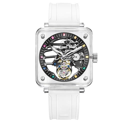 Aesop Transparente Tourbillon -Männer Uhren mechanische Männer Armbanduhr Kristallquadrathülle Sapphire Spiegel wasserdichte leuchtende Luxusuhr 7058(Farbstundenmarkierungen) von Aesop