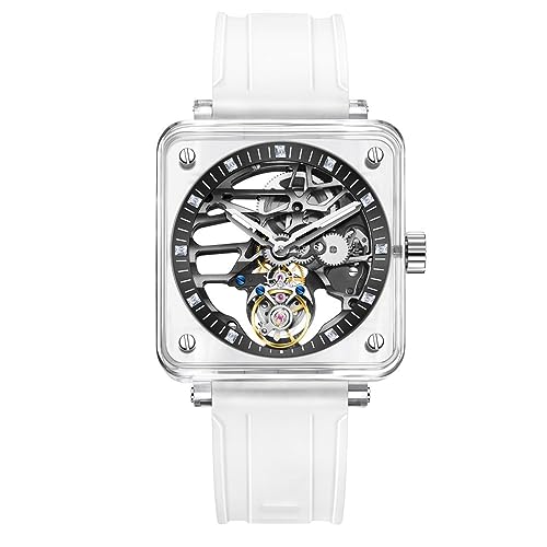 Aesop Transparente Tourbillon -Männer Uhren mechanische Männer Armbanduhr Kristallquadrathülle Sapphire Spiegel wasserdichte leuchtende Luxusuhr 7058(Weiße Stundenspuren) von Aesop