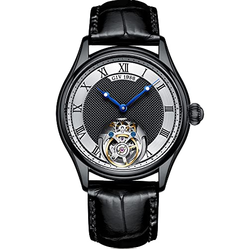 GIV Tourbillon Herrenuhren Mechanische Armbanduhren Luxus Skeleton Handaufzug Analoge Armbanduhren Saphirglas Wasserdichtes Kleid Elegante Uhr mit echtem Lederarmband (Schwarz T09) von Aesop