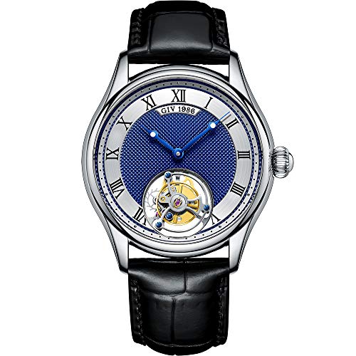 GIV Tourbillon Herrenuhren Mechanische Armbanduhren Luxus Skeleton Handaufzug Analoge Armbanduhren Saphirglas Wasserdichtes Kleid Elegante Uhr mit echtem Lederarmband (Silber und Blau) von Aesop