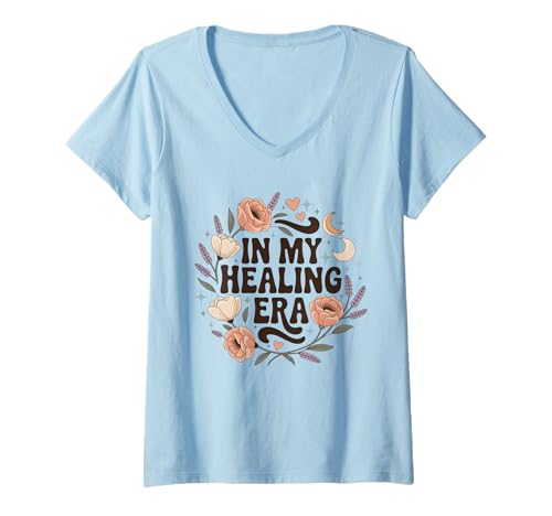 Damen In My Healing Era Groovy Self Care Blumenästhetik im Retro-Look T-Shirt mit V-Ausschnitt Damen In My Healing Era Groovy Self Care Blumenästhetik im Retro-Look T-Shirt mit V-Ausschnitt von Aesthetic 70s Boho Vibes with Flowers and Moons