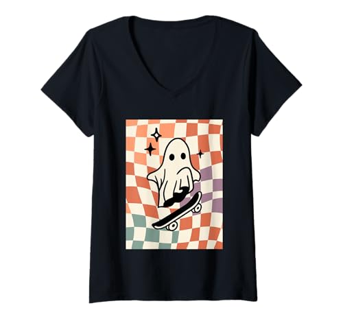 Damen Preppy Fall Skater Ghost Autumn Vibe Checker, süßes Design für Jungen T-Shirt mit V-Ausschnitt von Aesthetic Fashion Holiday Things Decor and Stuff