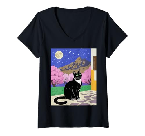 Damen Schwarze Katze Nachtszene Kirschblüte Mond Berg Kunst T-Shirt mit V-Ausschnitt Damen Schwarze Katze Nachtszene Kirschblüte Mond Berg Kunst T-Shirt mit V-Ausschnitt von Aesthetic Feline Japan Inspired Starry Sky Cats