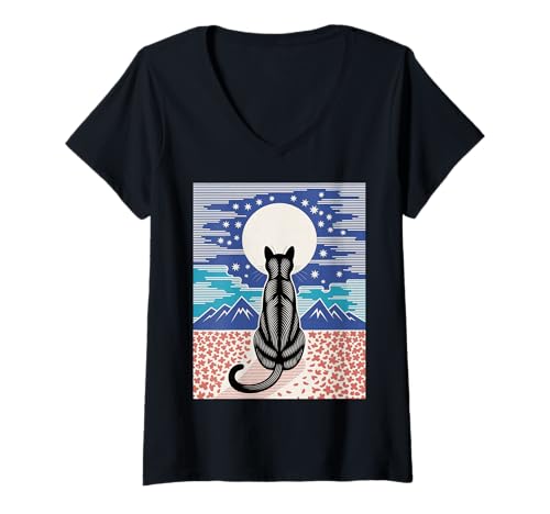 Damen Schwarze Katze Nachtszene Kirschblüte Mond Berg Kunst T-Shirt mit V-Ausschnitt Damen Schwarze Katze Nachtszene Kirschblüte Mond Berg Kunst T-Shirt mit V-Ausschnitt von Aesthetic Feline Japan Inspired Starry Sky Cats
