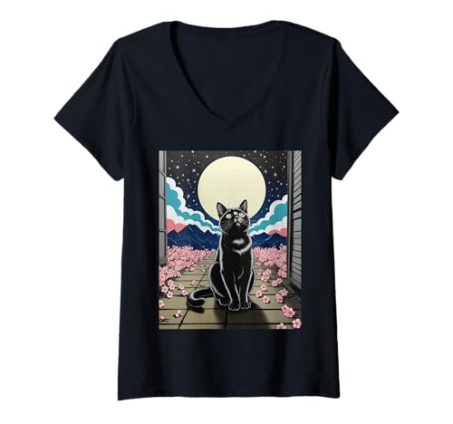 Damen Schwarze Katze Nachtszene Kirschblüte Mond Berg Kunst T-Shirt mit V-Ausschnitt Damen Schwarze Katze Nachtszene Kirschblüte Mond Berg Kunst T-Shirt mit V-Ausschnitt von Aesthetic Feline Japan Inspired Starry Sky Cats