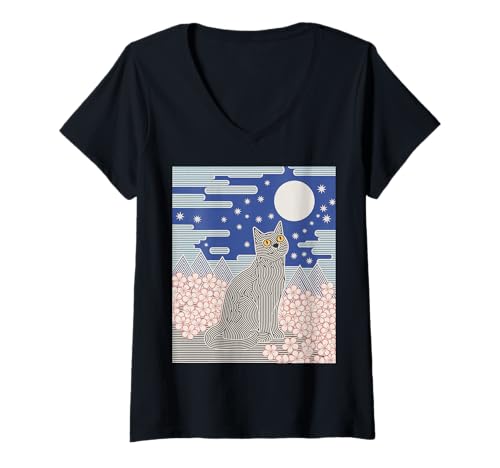 Damen Schwarze Katze Nachtszene Kirschblüte Mond Berg Kunst T-Shirt mit V-Ausschnitt von Aesthetic Feline Japan Inspired Starry Sky Cats