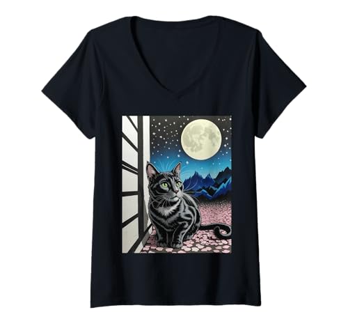 Damen Schwarze Katze Nachtszene Kirschblüte Mond Berg Kunst T-Shirt mit V-Ausschnitt von Aesthetic Feline Japan Inspired Starry Sky Cats