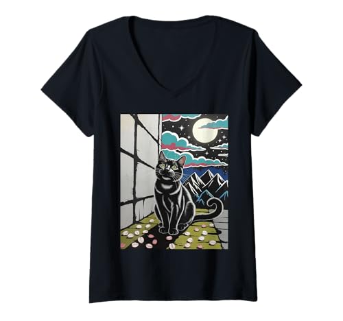 Damen Schwarze Katze Nachtszene Kirschblüte Mond Berg Kunst T-Shirt mit V-Ausschnitt von Aesthetic Feline Japan Inspired Starry Sky Cats