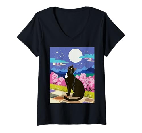 Damen Schwarze Katze Nachtszene Kirschblüte Mond Berg Kunst T-Shirt mit V-Ausschnitt von Aesthetic Feline Japan Inspired Starry Sky Cats