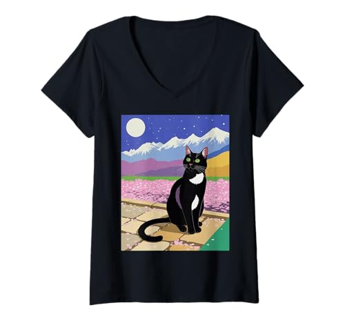 Damen Schwarze Katze Nachtszene Kirschblüte Mond Berg Kunst T-Shirt mit V-Ausschnitt von Aesthetic Feline Japan Inspired Starry Sky Cats