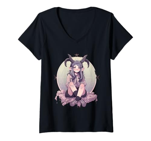 Damen Kawaii Weibliches Gothic-Mädchen Baphomet T-Shirt mit V-Ausschnitt von Aesthetic Kawaii Baphomet Gifts