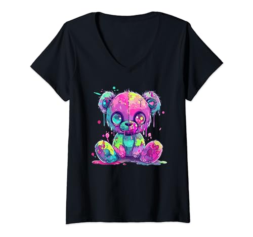 Damen Niedlicher pastellfarbener Gothic-Teddy T-Shirt mit V-Ausschnitt von Aesthetic Pastel Goth Art