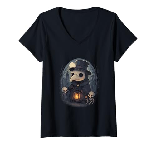 Damen Pestdoktor Laterne Kunst mit Skeletten und Mondschein Graveya T-Shirt mit V-Ausschnitt Damen Pestdoktor Laterne Kunst mit Skeletten und Mondschein Graveya T-Shirt mit V-Ausschnitt von Aesthetic Plague Designs