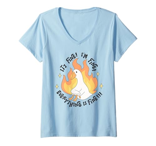 Damen Lustiges Enten-Meme-Hemd, It's Fine I'm Fine Everything Is Fine T-Shirt mit V-Ausschnitt von Aesthetic Retro Cute Funny Sarcastic Quote Apparel