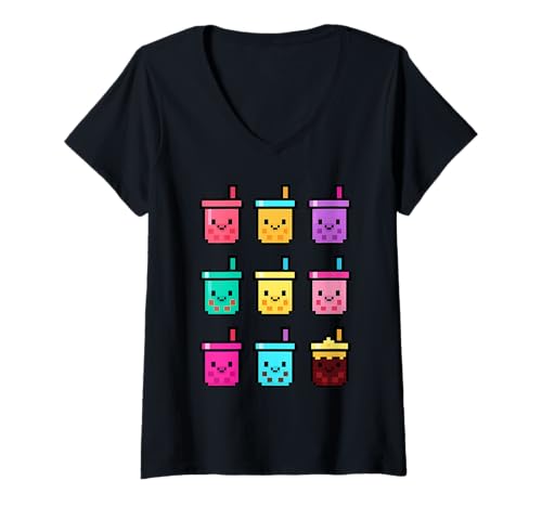 Damen Süße Pixel Bubble Teetassen Kawaii Digital Drink Art T-Shirt mit V-Ausschnitt Damen Süße Pixel Bubble Teetassen Kawaii Digital Drink Art T-Shirt mit V-Ausschnitt von Aesthetic Sweet Beverage Refreshment Apparel