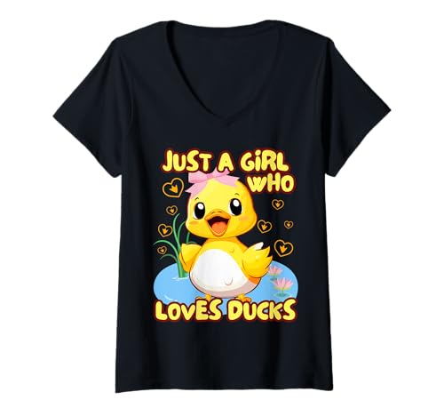Damen Just A Girl Who Loves Ducks Damen Niedliche Gummi-Enten-Liebhaber T-Shirt mit V-Ausschnitt von Aesthetic Teen Girls & Kids Cute Farm Duck Merch