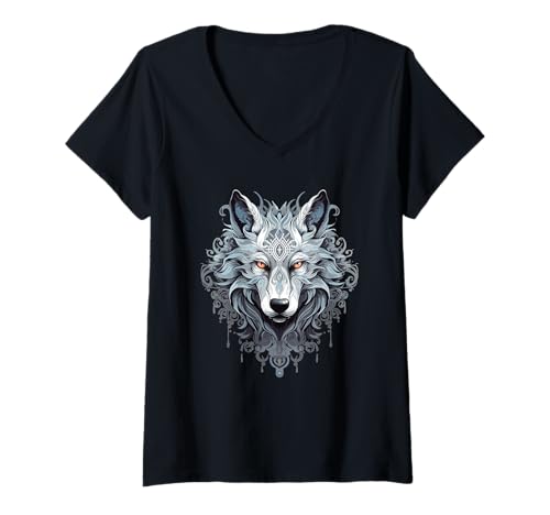 Damen Mystischer Wolf T-Shirt mit V-Ausschnitt von Aesthetic Wolf Art