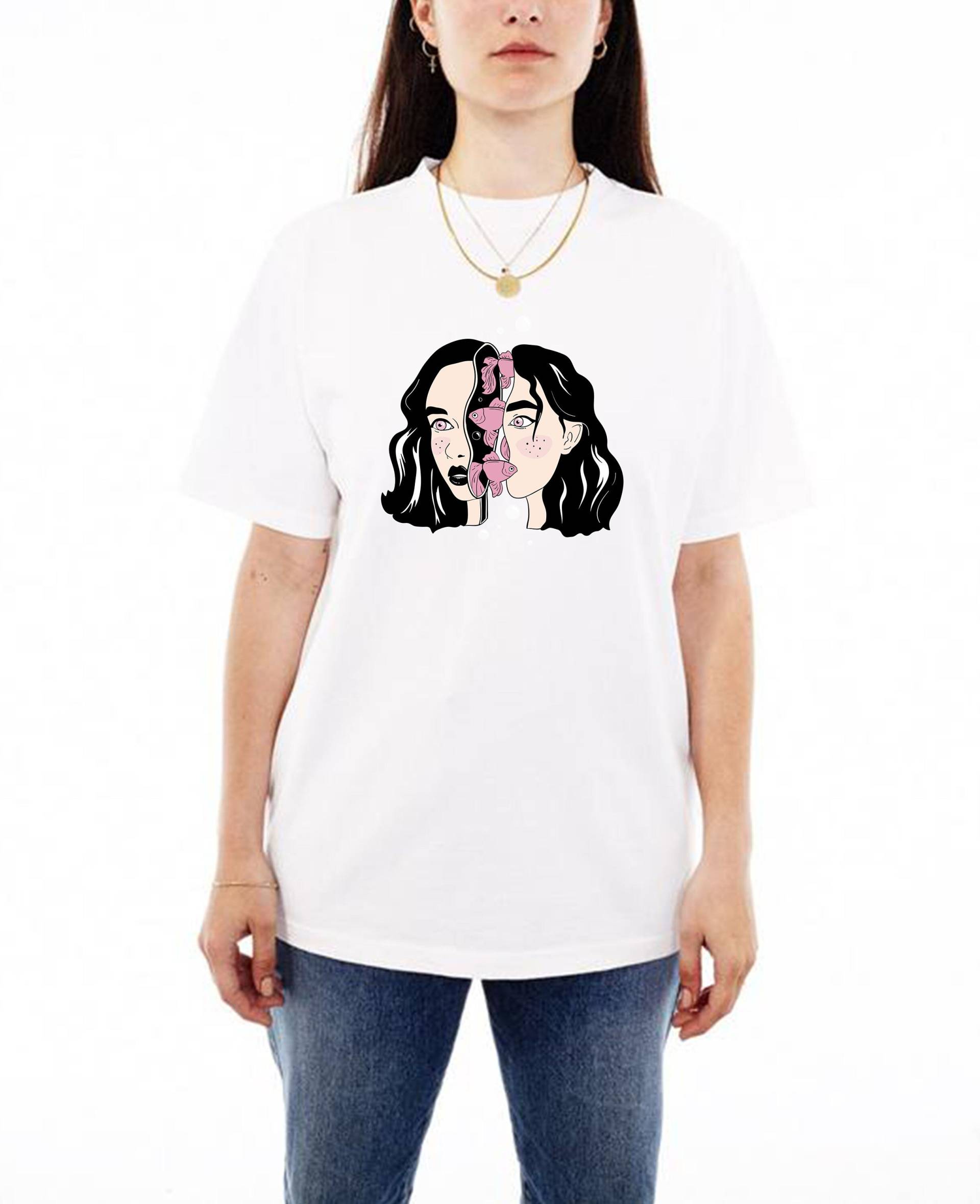 Surreales Frauen Gesicht Illustrationen T Shirt - Zeichnung %100 Baumwolle Abstraktes One Line Fish Face von AestheticGoodsStudio