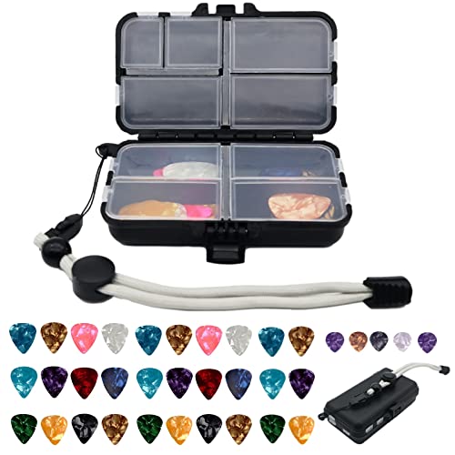 Gitarrenplektrenhalter mit 35 Plektren in 4 Größen, 4 Stärken, Zelluloid-Gitarrenplektren, Gitarrenplektren-Set mit 9 Fächern, tragbare Plektren-Organizer-Box mit verstellbarem Nylon-Handgelenkband von Aestivate